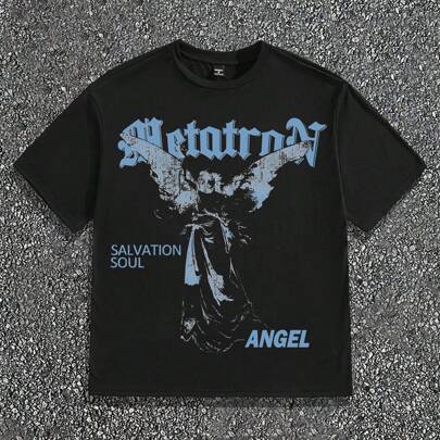 남성용 엔젤 레터 프린트 라운드 넥 반팔 캐주얼 티셔츠