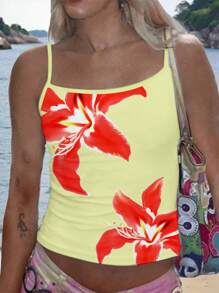 SHEIN EZwear Women Casual Sexy Floral Camisole Tight-Fitting Racerback Cami Top Suitable For Summer
