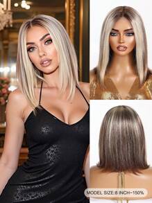 13*4*1 部分蕾丝真人发波波头假发女士假发 150 密度 8 英寸透明蕾丝棕色混合金色直发 - S10/613 - 查看 2