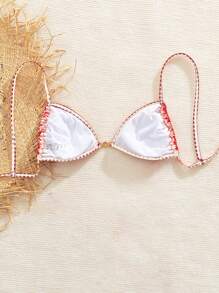 Swim Mod Springbreak Tropical Plant Print And Plaid Orange Micro Triangle Bikini Top - Red - View 2