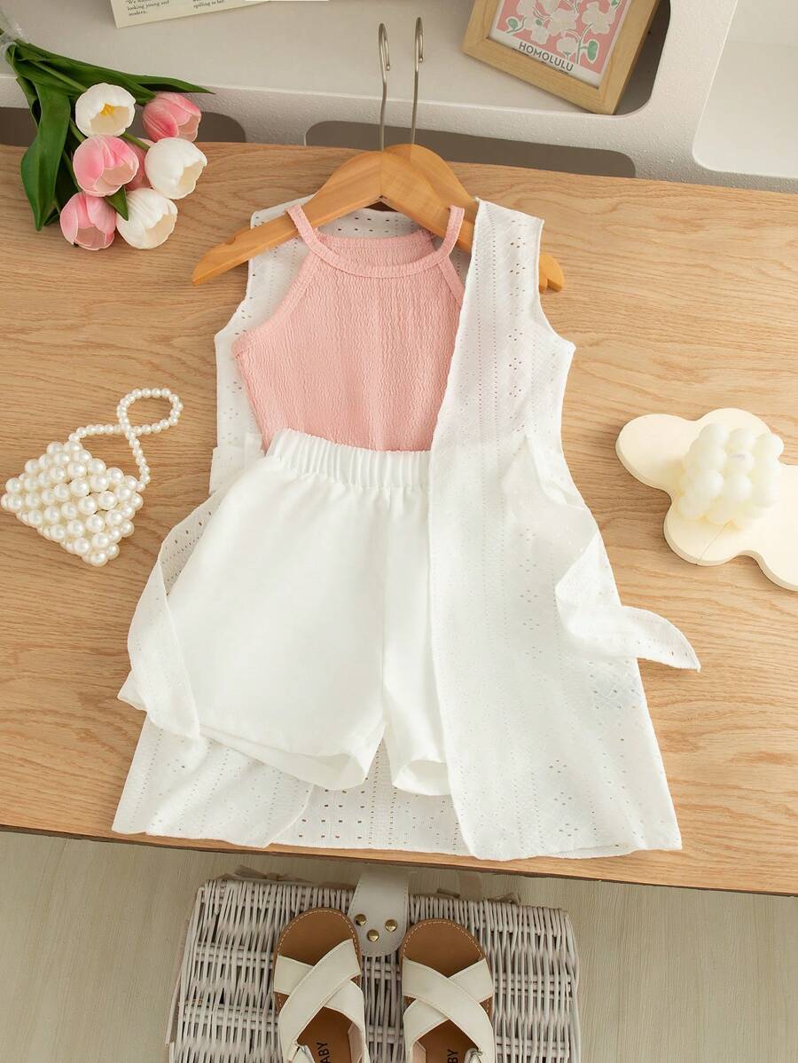 SHEIN Elladie kids 3 件套少女夏装:简约吊带背心、直腿白色短裤、无袖针织提花薄开衫配腰带装饰,简约舒适 - 粉色 - 查看 1