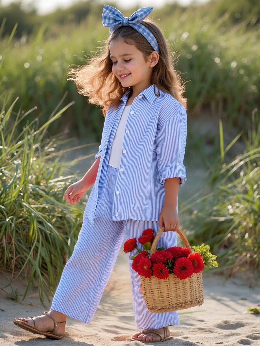 Emery Rose Kids Emery Rose Kids 2 件套少女梭织条纹休闲衬衫和宽松梭织休闲裤套装 - 藍色 - 查看 1