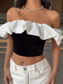 SHEIN EZwear Top corto elegante de mujer con hombros descubiertos, volantes y contraste de colores