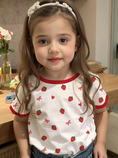 SHEIN 可爱草莓、蝴蝶结、爱心印花休闲简约圆领短袖T恤，适合夏季年轻女孩