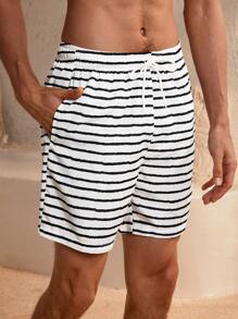 Manfinity VDAYZ Men's Striped Drawstring Waist Casual Beach Shorts - Black and White - View 8