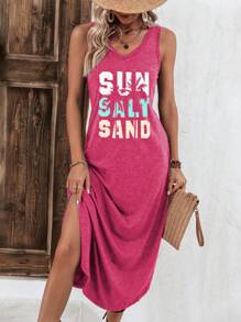 Breezaya Đầm dệt kim in họa tiết phong cách nghỉ mát kèm áo vest không tay Maxi trang phục đi biển cho phụ nữ - Màu Hồng Tươi - Xem 5