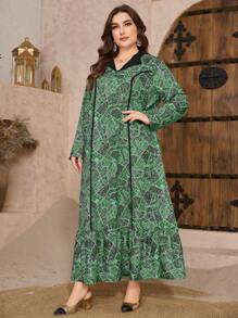 Al Najma Loose A-Line Collar Plus Size Arabian Dress, Fashionable - Green - View 1