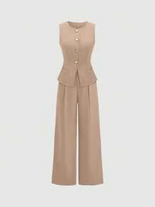 Sweetra 1 Set Black Buttoned Decorated Vest & Pleated Wide Leg Pants Outfit - Camel - View 3