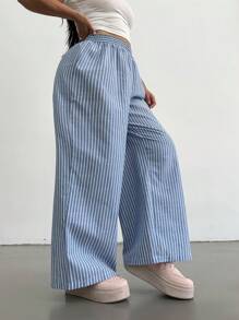 SHEIN MOOSTA Plus Size Woven Elastic Waist Striped Wide Leg Pants - Multicolor - View 7
