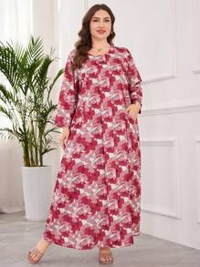 Lacomfia Women Plus Size Casual Loose Round Neck Long Sleeve Pocket Linen-Like Printed Comfortable Dress - Multicolor - View 4