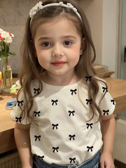 SHEIN 年轻女孩休闲简约蝴蝶印花圆领短袖T恤，可爱甜美，适合夏季