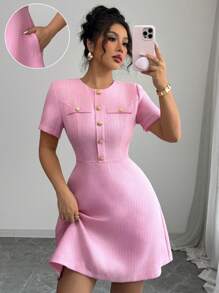 Elenzga Women Elegant Faux Placket Waist Cinched Short Sleeve Mini Dress - Pink - View 1