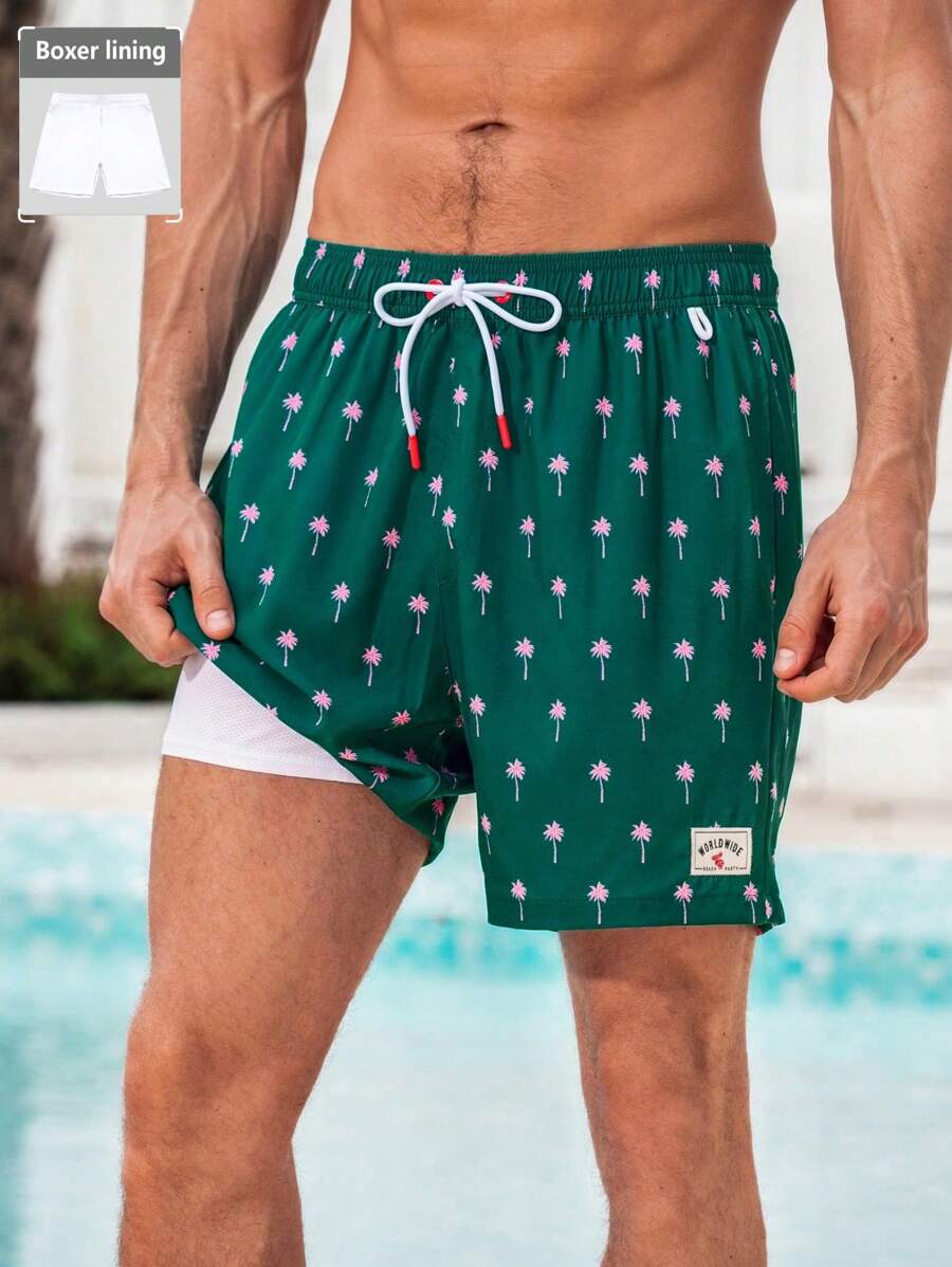 Surfspeed Men's Coconut Tree Print Drawstring Waist Beach Shorts - Multicolor - View 1