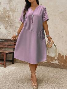 大码女式夏季条纹宽松休闲连衣裙，缺口 V 领和短袖，超长女装