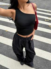 SHEIN Ensemble débardeur sans manches et pantalon ample dans un style sportif et streetwear noir pour ados filles - Noir - Voir 1