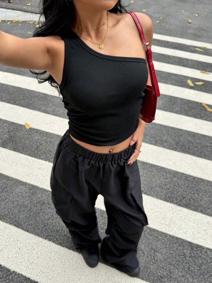 SHEIN Ensemble débardeur sans manches et pantalon ample dans un style sportif et streetwear noir pour ados filles - Noir - Voir 1