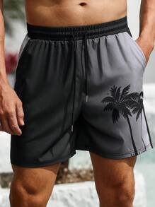 Manfinity VDAYZ Bóxer de baño para hombre, shorts de playa informales con estampado 3D degradado de árboles de coco hawaianos, con cordón en la cintura, una sola capa sin forro, perfecto para uso casual, vacaciones y ropa de playa, hawaianos