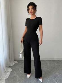 Selianne Elegant French Style Summer Bow Back Decor Contrasting Color Slim Fit Women Keyhole Front Romper - Black and White - View 2