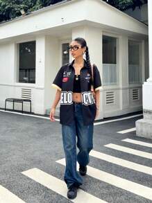 SHEIN Teen Girl Contrasting Color Letter Graphic Loose Fit Turn-Down Collar Short Sleeve Shirt