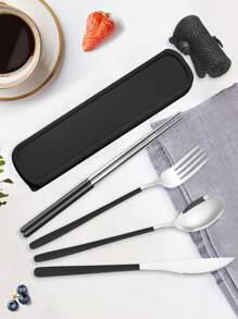 SHEIN 旅行用具，返回学校，旅行银器套装带盒子，餐具套装便携式营地可重复使用的不锈钢餐具银器，学校用品，包括带盒子的叉勺筷子，适用于西餐、厨房、午餐盒办公室野餐日常饮食，圣诞节（黑色），各种组合可用圣诞节作为节日礼物 - 黑色 - 查看 3