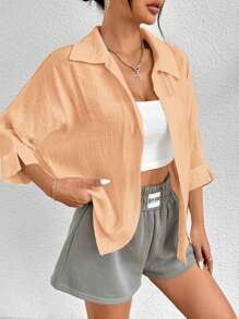 SHEIN PETITE Spring White Solid Batwing Sleeve White Shirt - Pink - View 7