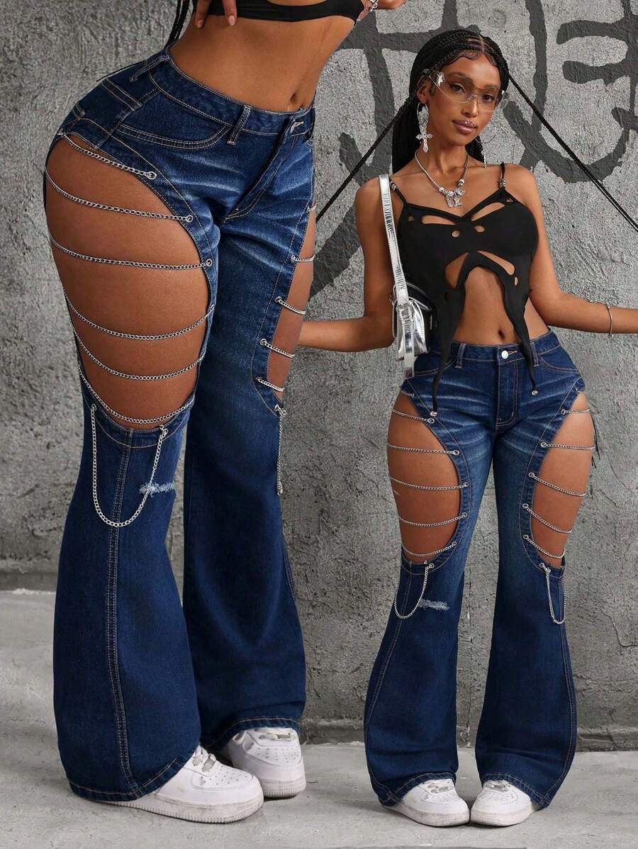 SHEIN ICON Women's Front Buttons Pocket Hollow Casual Jeans - Blue - View 1