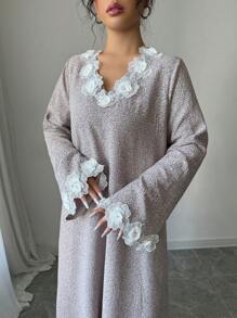 Yasmyna Women's Printed Floral Lace Trim Loose Long Sleeve Arabic Dress,Modest - Multicolor - View 6