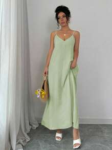 Rafferiza 可调节肩带宽松白色长款吊带连衣裙女式超长款女装 - 綠色 - 查看 4
