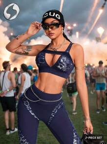 Innovista Women Activewear 2in1 Sets,Foil Print Sports Bra & Leggings Navy Blue,Summer Athleisure Gym 2pieces Workout Outfits,Hollow Out Mesh Yoga Shapewear - Navy Blue - View 3