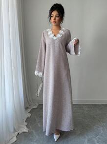 Yasmyna Women's Printed Floral Lace Trim Loose Long Sleeve Arabic Dress,Modest - Multicolor - View 3