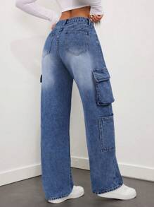 SHEIN ICON Women's Loose Casual Versatile Multi-Pocket Straight-Leg Jeans - Dark Wash - View 2