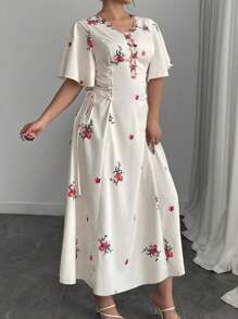 Modelyn Vestido de vacaciones con manga corta, escote A, con volantes y estampado floral para mujer de talla grande - Multicolor - Ver 1