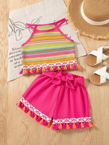 SHEIN 年轻女孩夏季新款仿羊毛吊带背心和流苏下摆宽松短裤配腰带套装，休闲复古