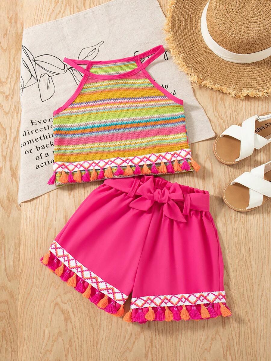 SHEIN 年轻女孩夏季新款仿羊毛吊带背心和流苏下摆宽松短裤配腰带套装，休闲复古