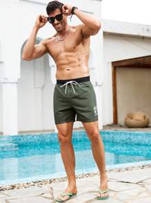 Surfspeed Men's Letter & Palm Tree Print Drawstring Waist Casual Beach Shorts - Army Green - View 5