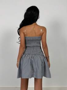 SHEIN Tween Girls Spring/Summer Off-Shoulder Tube Top Red Plaid Pleated Simple Dress Back To School Clothing Suitable Girly Grey And White Striped Pleated Waist A-Line Open Back Mini Dress, Casual Holiday Streetwear - Black and White - View 2