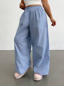 SHEIN MOOSTA Plus Size Woven Elastic Waist Striped Wide Leg Pants - Multicolor - View 5