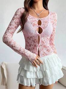 Chiquease Top ajustado para mujer de encaje calado de manga corta - Rosa - Ver 5