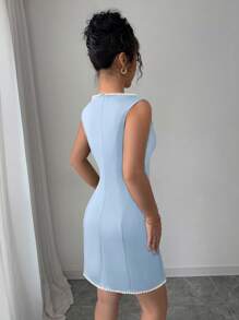 Elenzga 女士春季休闲、约会、晚餐、派对、情人节优雅浪漫针织黑白领无袖仿珍珠装饰紧身开衩迷你连衣裙 - 藍色 - 查看 2