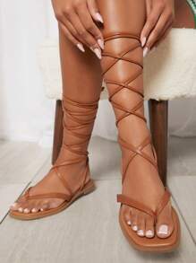 SHUZIA Lace-Up Gladiator Thong Flat Sandals Summer Shoes Spring Shoes Spring Break Easter Vacation Shoes Casual Shoes Beach Shoes Mother's Day Present Valentine's Day - Brown - View 6