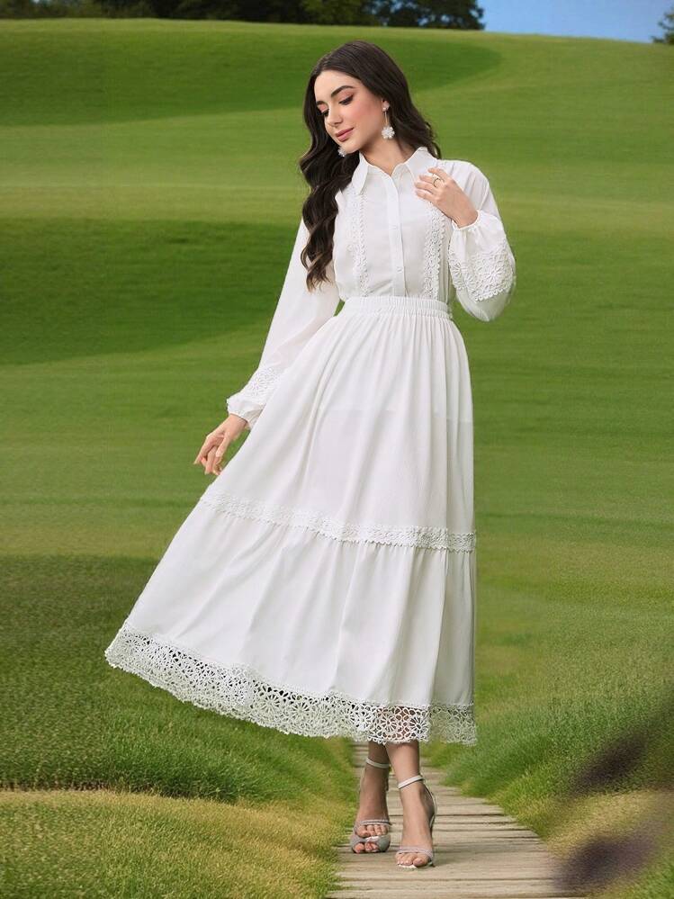 Modelyn 女士纯色镂空蕾丝喇叭裙 - 白色 - 查看 8