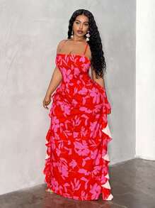 Maweii Top cu șireturi de dimensiuni plus mari și fustă midi cu volane cu tiv cu imprimeu floral Set 2 buc, îmbrăcăminte sexy pentru stațiune - Multicolor - Vizualizare 4