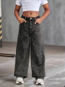 SHEIN Preteen Girls' Grey Rhinestone Embellished Straight Leg Jeans - Dark Grey - View 7
