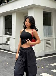 SHEIN Ensemble débardeur sans manches et pantalon ample dans un style sportif et streetwear noir pour ados filles - Noir - Voir 4