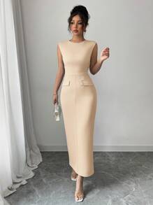 Elenzga 女士优雅蓝色圆领无袖开衩前修身中长连衣裙，适合春夏季外出、约会、聚会、徒步旅行、情人节、婚礼 - 杏色 - 查看 5