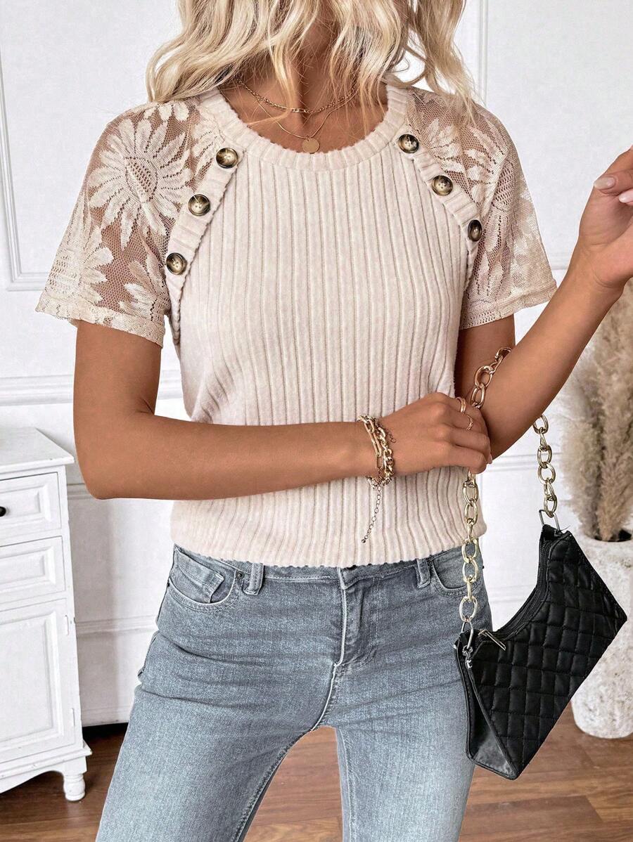 SHEIN LUNE Women's Summer Casual Knit Textured Floral Lace Button Accent Raglan Sleeve Fitted Crew Neck T-Shirt, Suitable For Daily Casual Life, Travel, Vacation, Countryside, Bohemian, Rural Style - Apricot - View 1