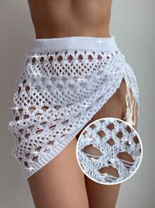 Swim Lushoire Women's White Knitted Tassel Drawstring Sequin Hollow Out Elegant Beach Skirt Coverup
