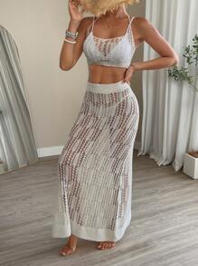 SHEIN Swim 2pcs/Set Women Summer Outfits, Crochet Hollow-Out Cropped Camisole Top And Long Maxi Skirt, Beachwear Bikini Coverup - White - View 5