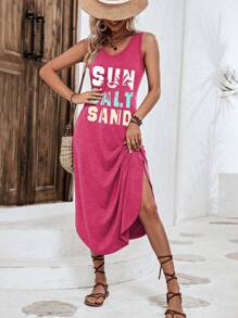 Breezaya Đầm dệt kim in họa tiết phong cách nghỉ mát kèm áo vest không tay Maxi trang phục đi biển cho phụ nữ - Màu Hồng Tươi - Xem 6