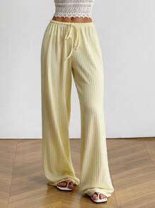 SHEIN EZwear Women's Summer  Butter Yellow New Knitted Textured Light Yellow Trousers, Suitable For Vacation Wear And Daily Home Wear - Yellow - View 3